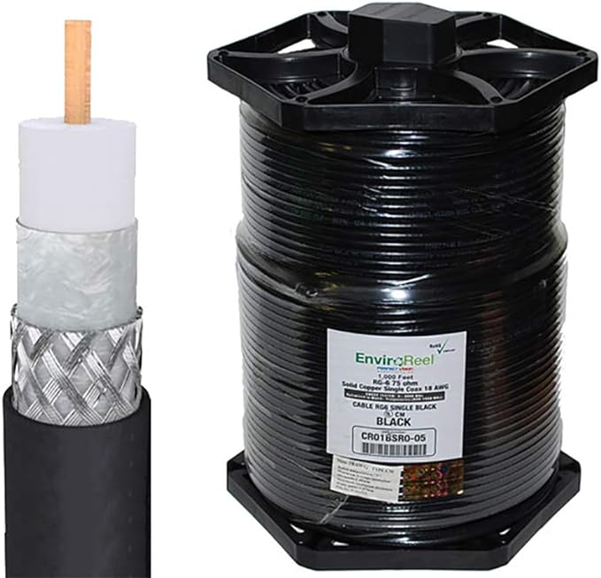 1000ft RG6 Coax, Single RG6 Solid Copper, Black EnviroReel