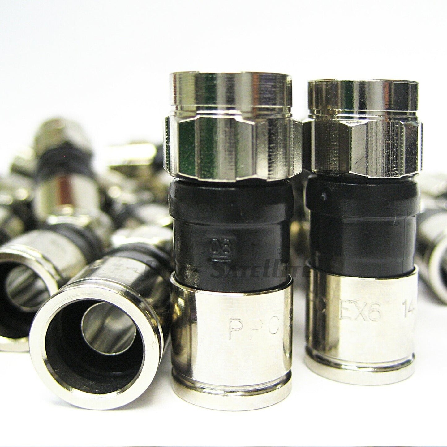 RG6 EX6XLPLUS Signal Tight Compression Drop Connectors Nickel-Plated Brass Construction 21mm Stroke Length