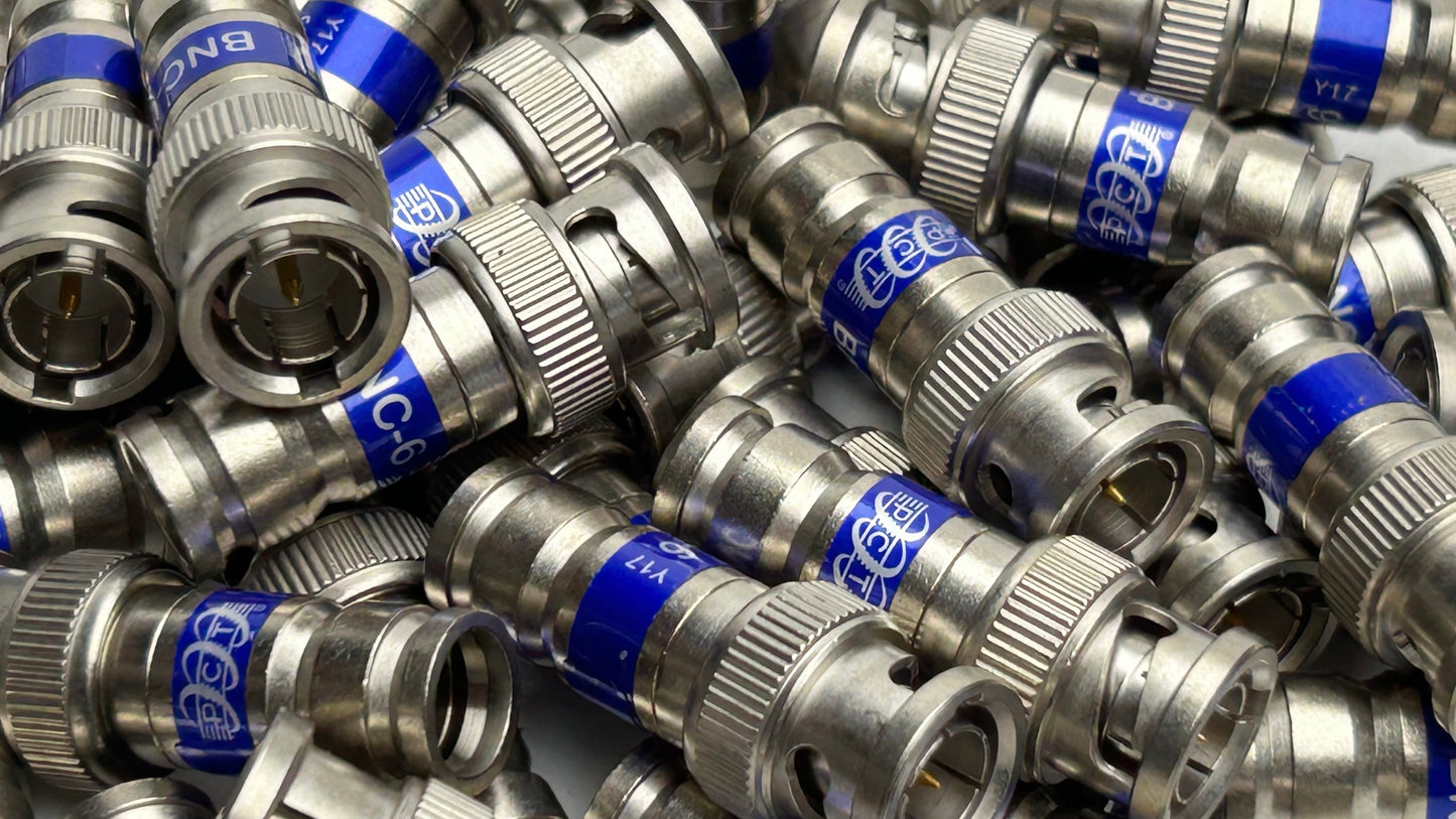 BNC 6 BI Thru Quad Shield RG6 COAXIAL Cable Compression Connector Blue Standard Commercial Grade Nickel Plated All Brass Non Corrosive for Audio Video CCTV Security Camera Applications