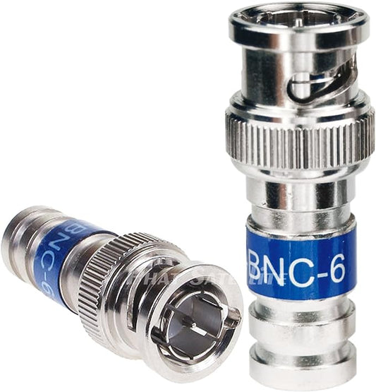 BNC 6 BI Thru Quad Shield RG6 COAXIAL Cable Compression Connector Blue Standard Commercial Grade Nickel Plated All Brass Non Corrosive for Audio Video CCTV Security Camera Applications