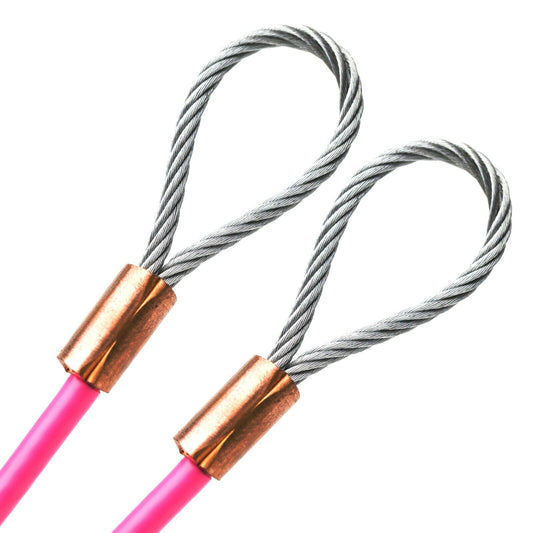 97ft Cut To Size 1/4 Galvanized Steel Cable PINK Vinyl Coated To 3/16 Loop Size With Copper Sleeves MADE IN USA